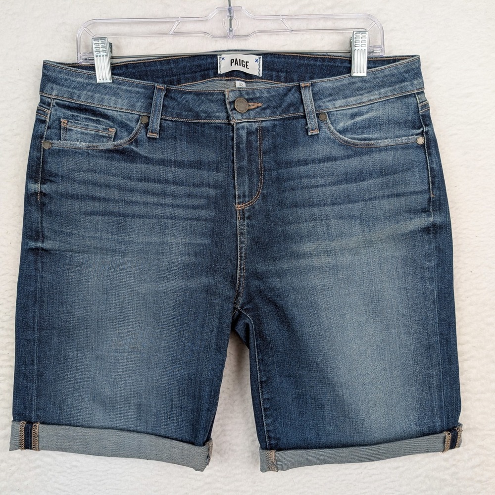 PAIGE Jax Knee Shorts Women's 32 Medium Wash Denim Bermuda Cuffed Stretch